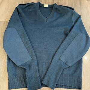 100% Wool Men's Blue Grandpa Sweater V-Neck Military Academia